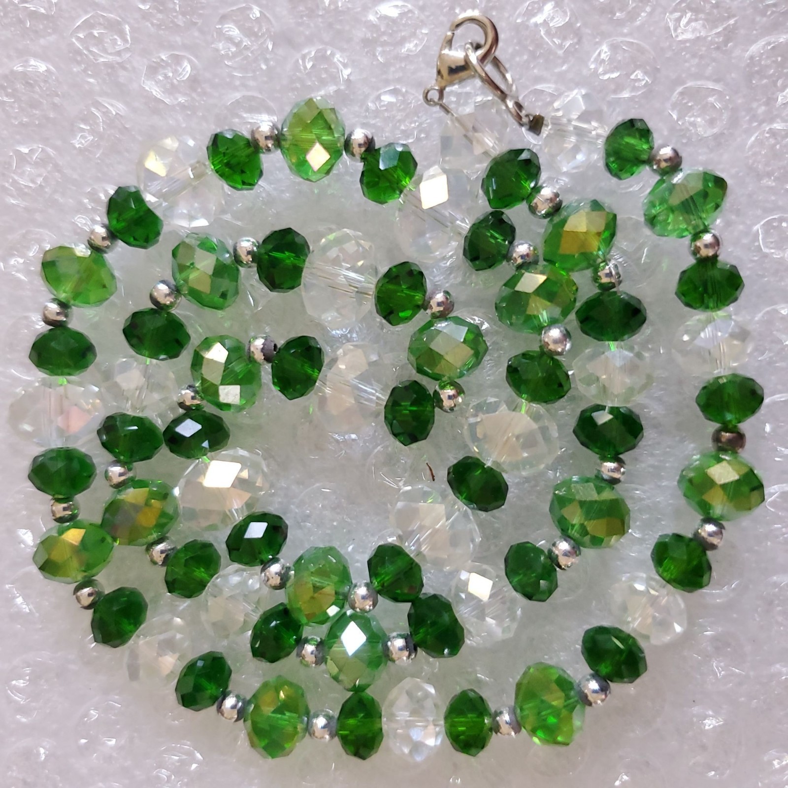 Vtg Glass Necklace 24″ Emerald Green, Clear Ice Sparkle Crystal SliverTone Beads