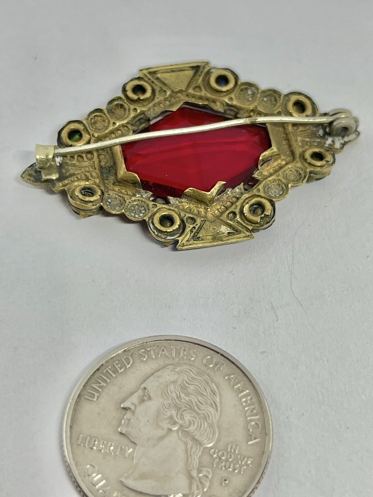 Antique Art Nouveau Red Lozenge Fruit Salad Czech Glass Goldtone Filigree Brooch