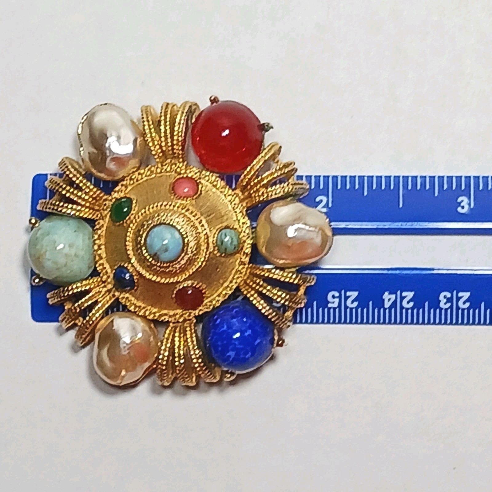 Brooch Ruby Sapphire Turquoise Cobochons Baroque Faux Pearls GT Vintage Signed