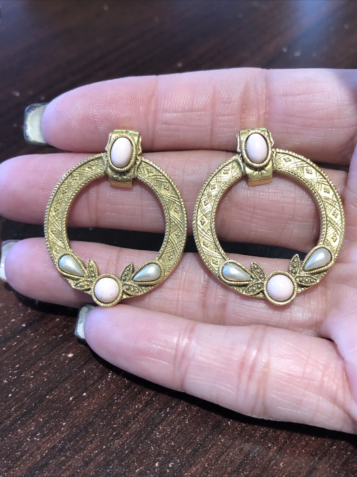 1928 Style Gold Tone Pierced Earrings Faux Pink Pearl and Gray Teardrop w/Brooch