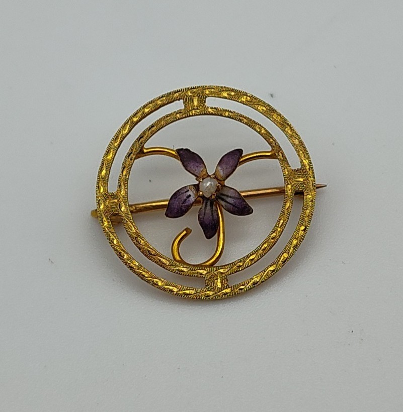 Vintage 10K Yellow Gold Circle Blue Flower Purple Violet Pearl Brooch Pin Lapel