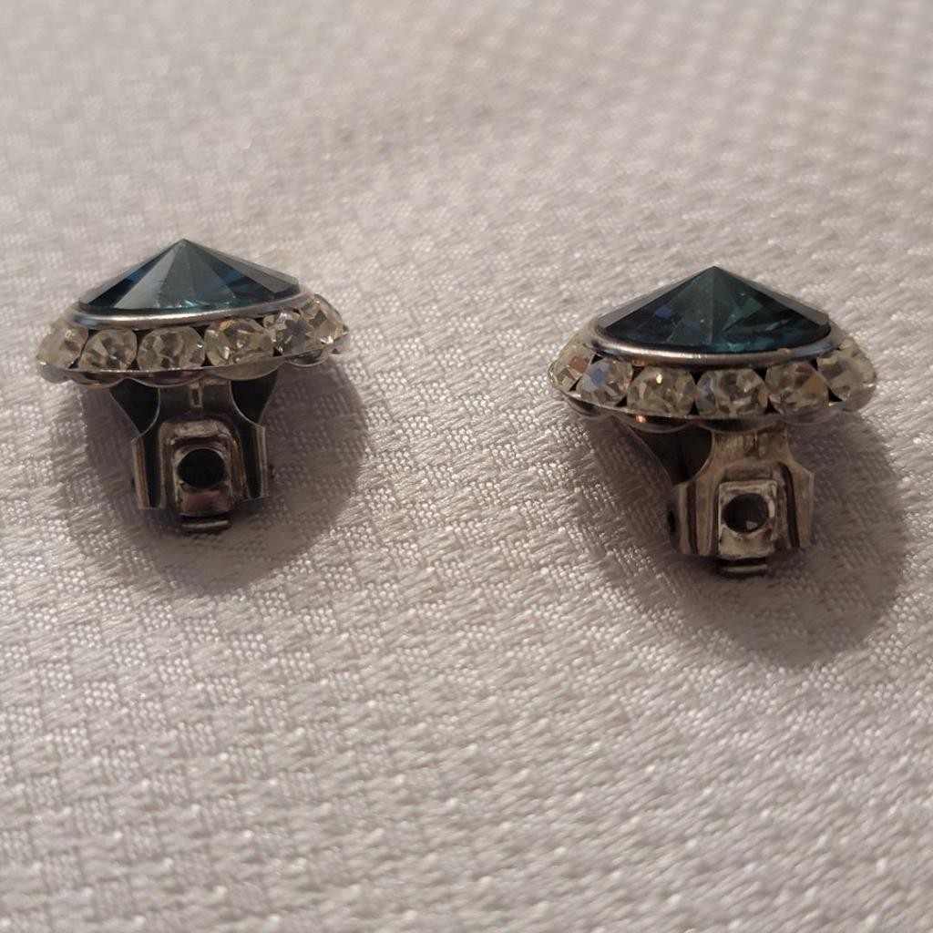 Vintage Blue Rivoli Volcano and Clear Rhinestone Clip Earrings