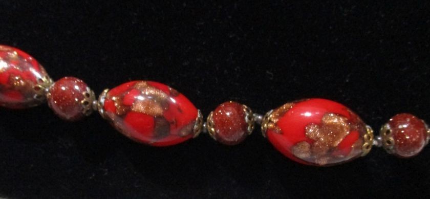 Vintage Dramatic Dark Red Aventurine Venetian Foil Art Glass Bead Necklace
