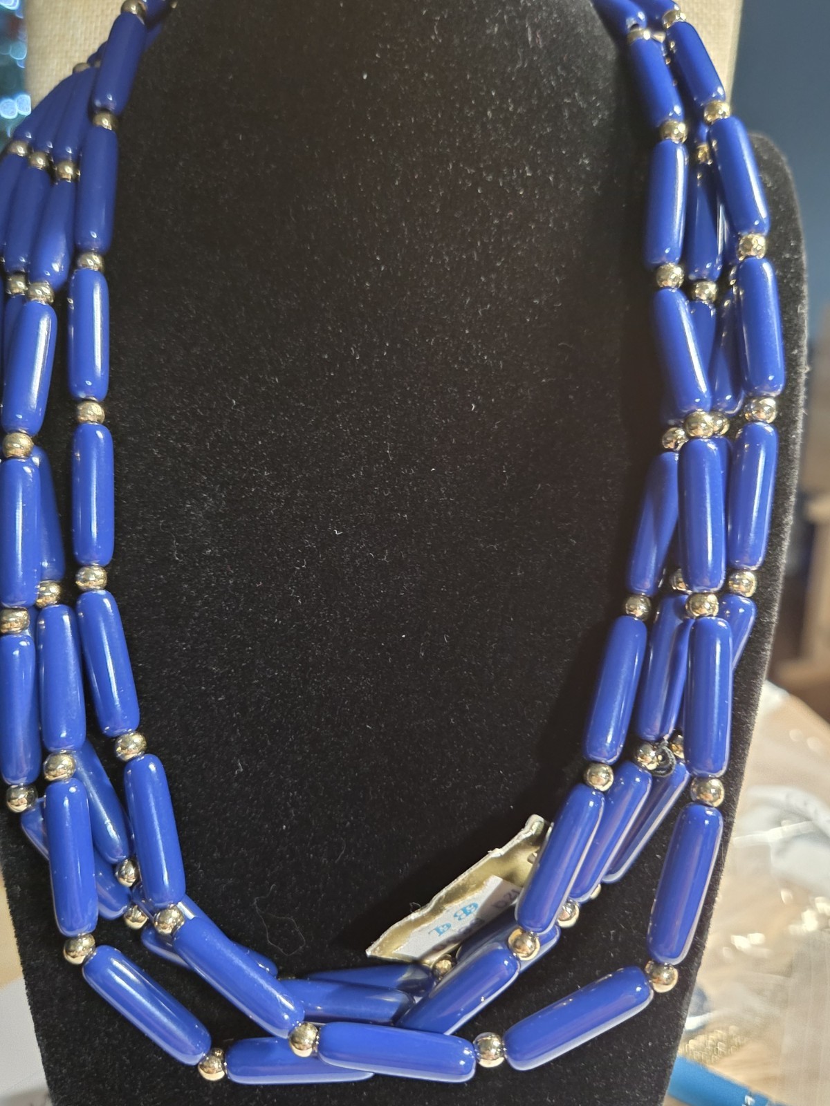 NWT Vintage Royal Blue Tacoa Lucite Beaded 16″ Necklace Gold Tone Spacers