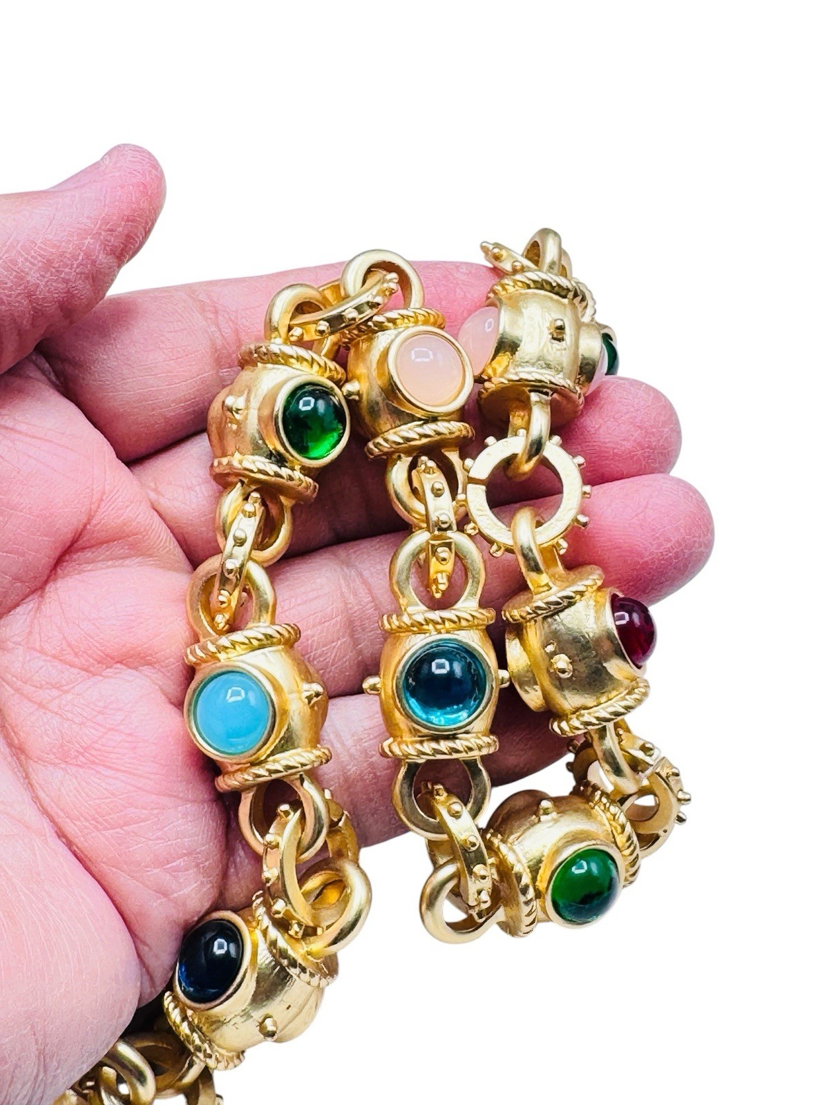 Vintage Glass Cabochon Byzantine Mogul Gold Chunky Chain Necklace c1980s Heavy