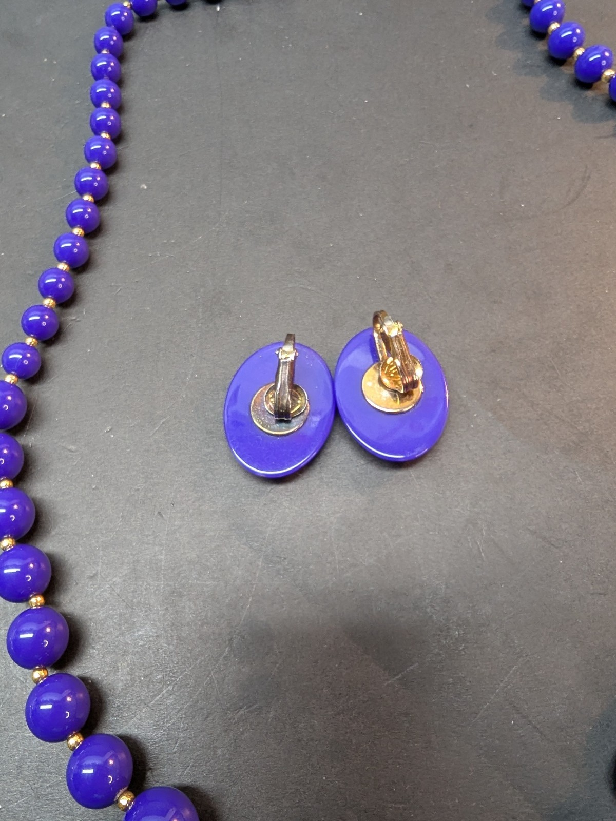 Dark Blue Glass Bead Graduated Retro Vintage Necklace and Clip-on Earrings Set
