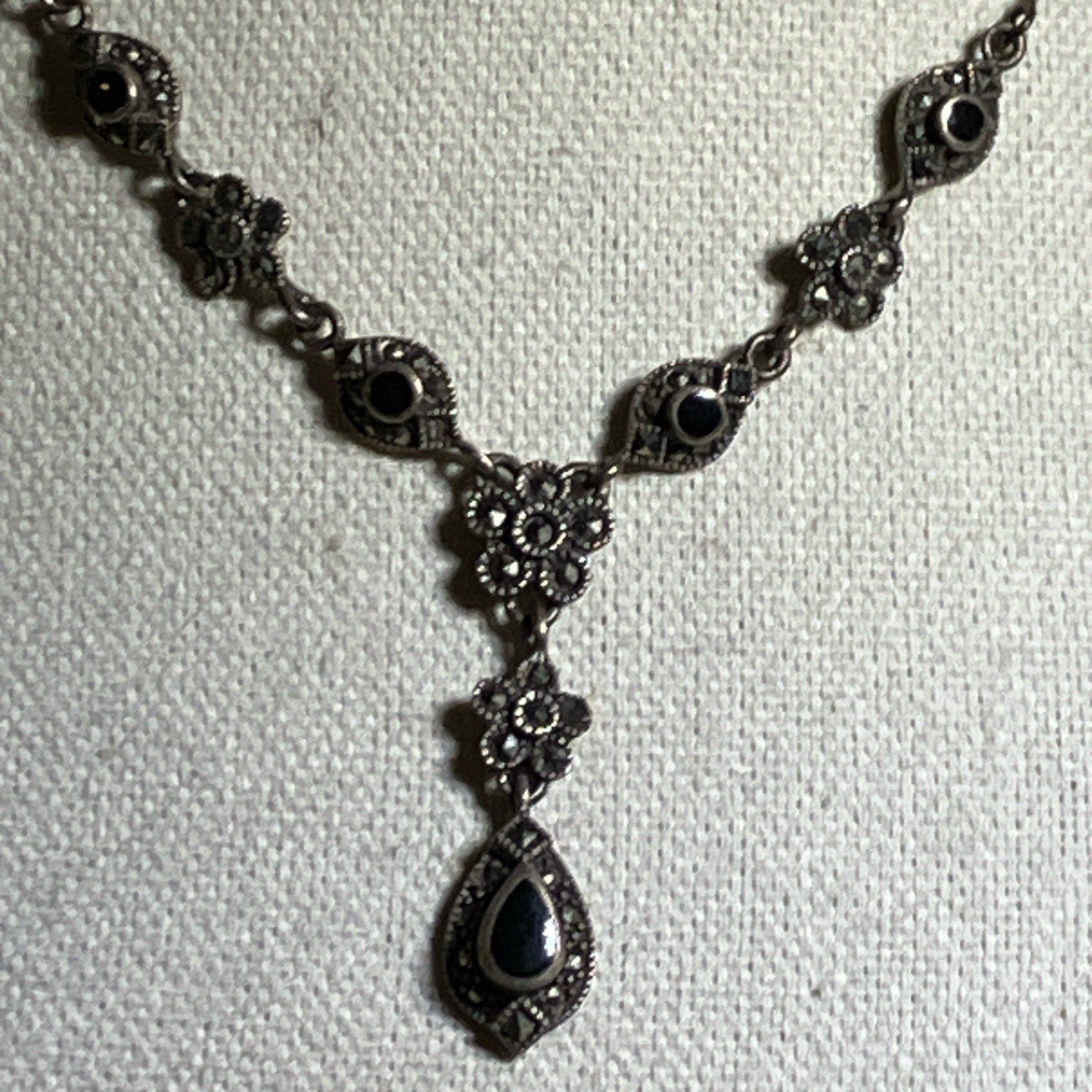 Vintage Victorian Black Onyx, Marcasite, Sterling Silver Lavalier Y Necklace