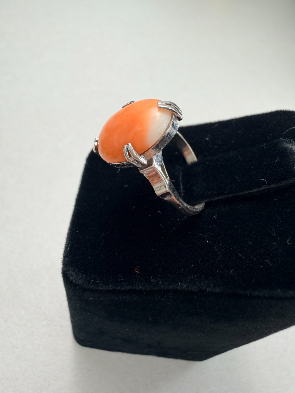 Art Deco Coral Cabochon Sterling Silver Ring Vintage Statement Size 4.25