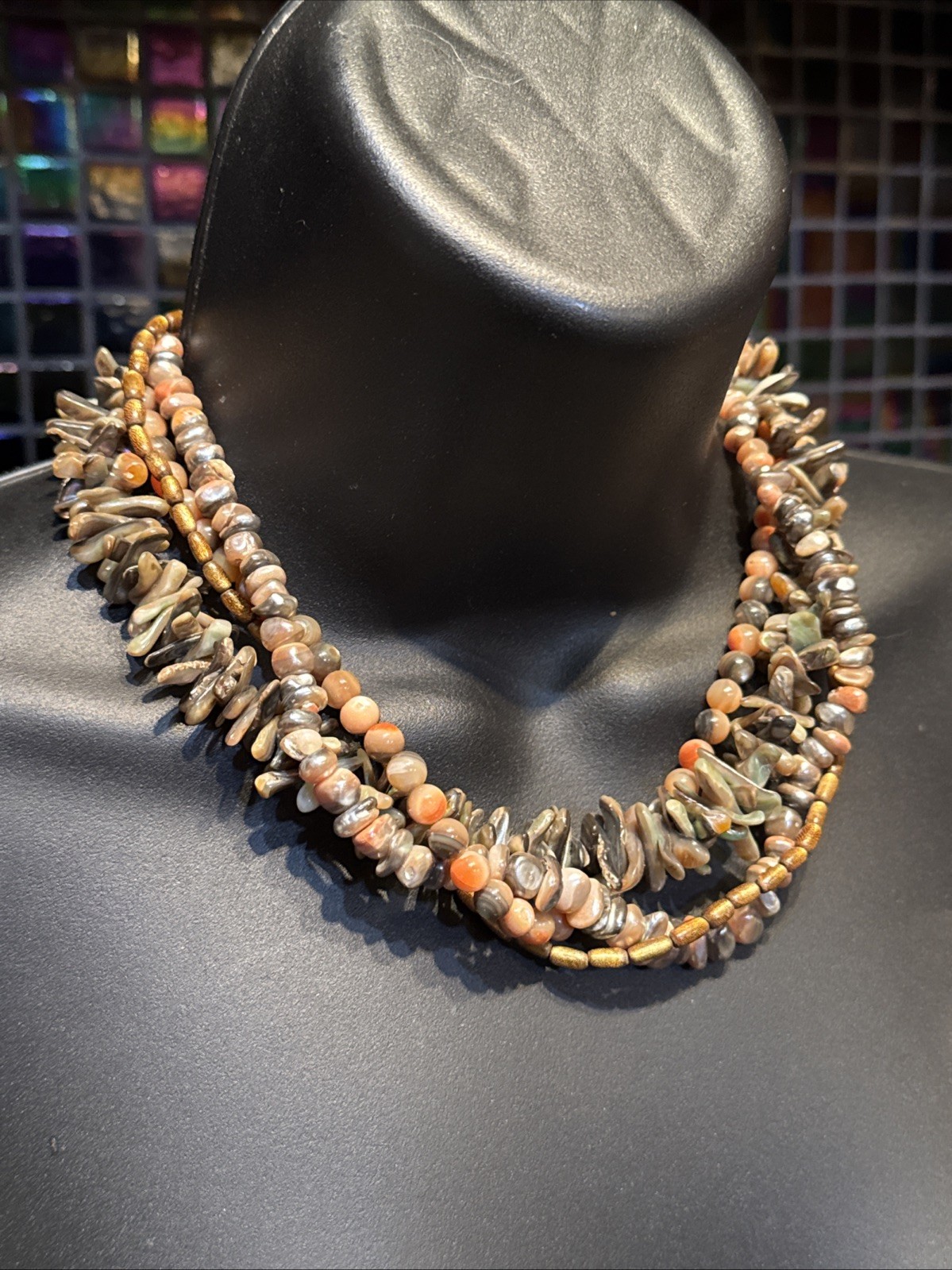 Vtg HELGA WAGNER 4 Strand Polished Shell Fall Bronze Gold Seashell 17″ Necklace