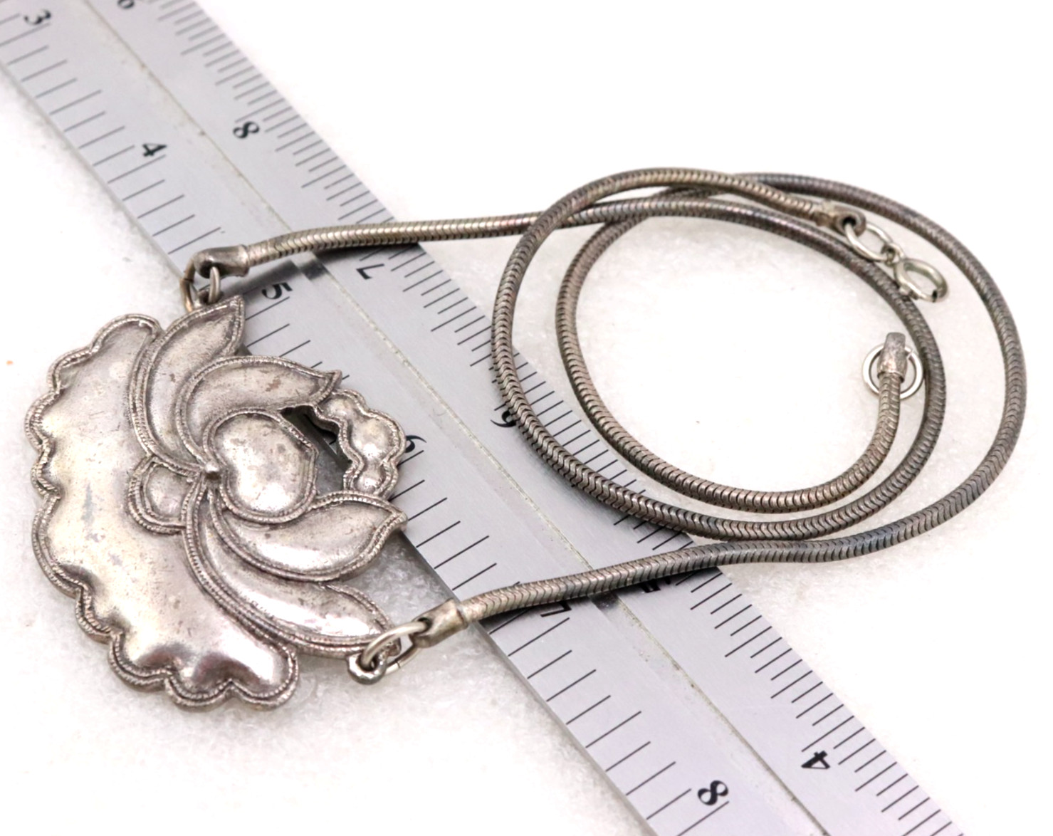 20″ Vintage Alva Museum Replicas Lotus Flower Necklace Antique Silver Tone
