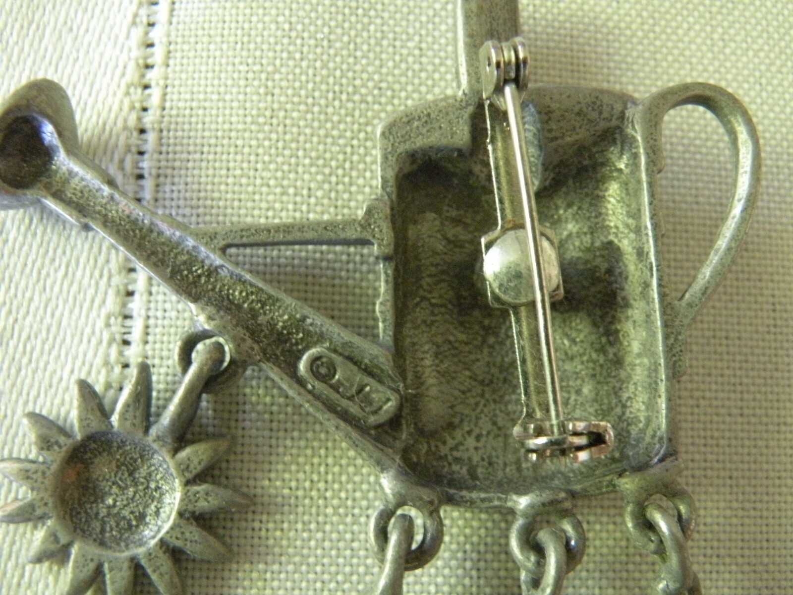 Vtg. JJ Jonette Silver Tone Garden Theme Tools, Watering Can, Flower, Dangle Pin
