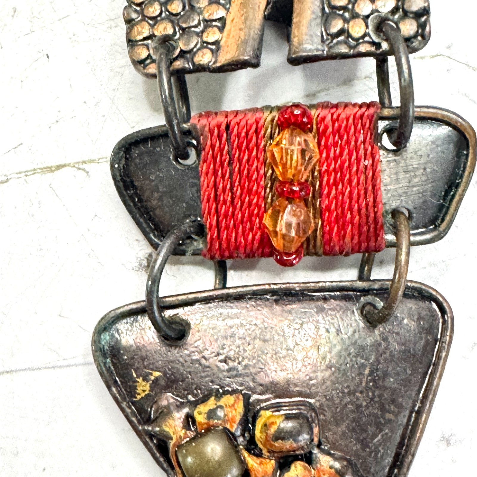 Vintage Brutalist Earrings Dangle Mixed Metal Material Rhinestone Gunmetal Tone
