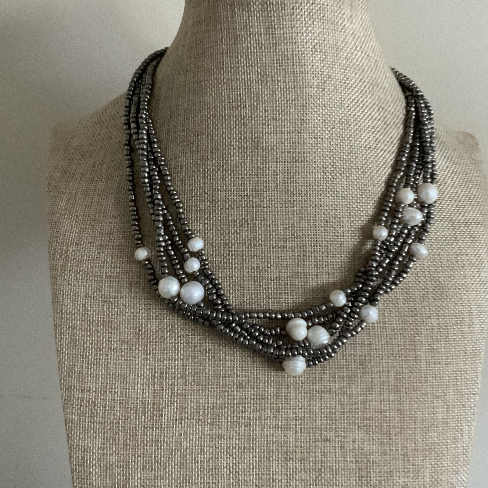 Signed Julea necklace gray glass seed beads and fresh water pearl necklace