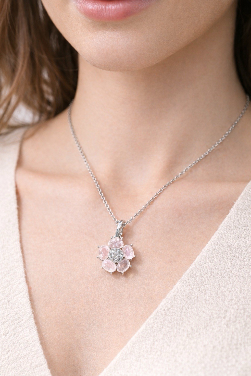 Silver Tone Floral Pendant Necklace Pink Stone Cluster Vintage Style