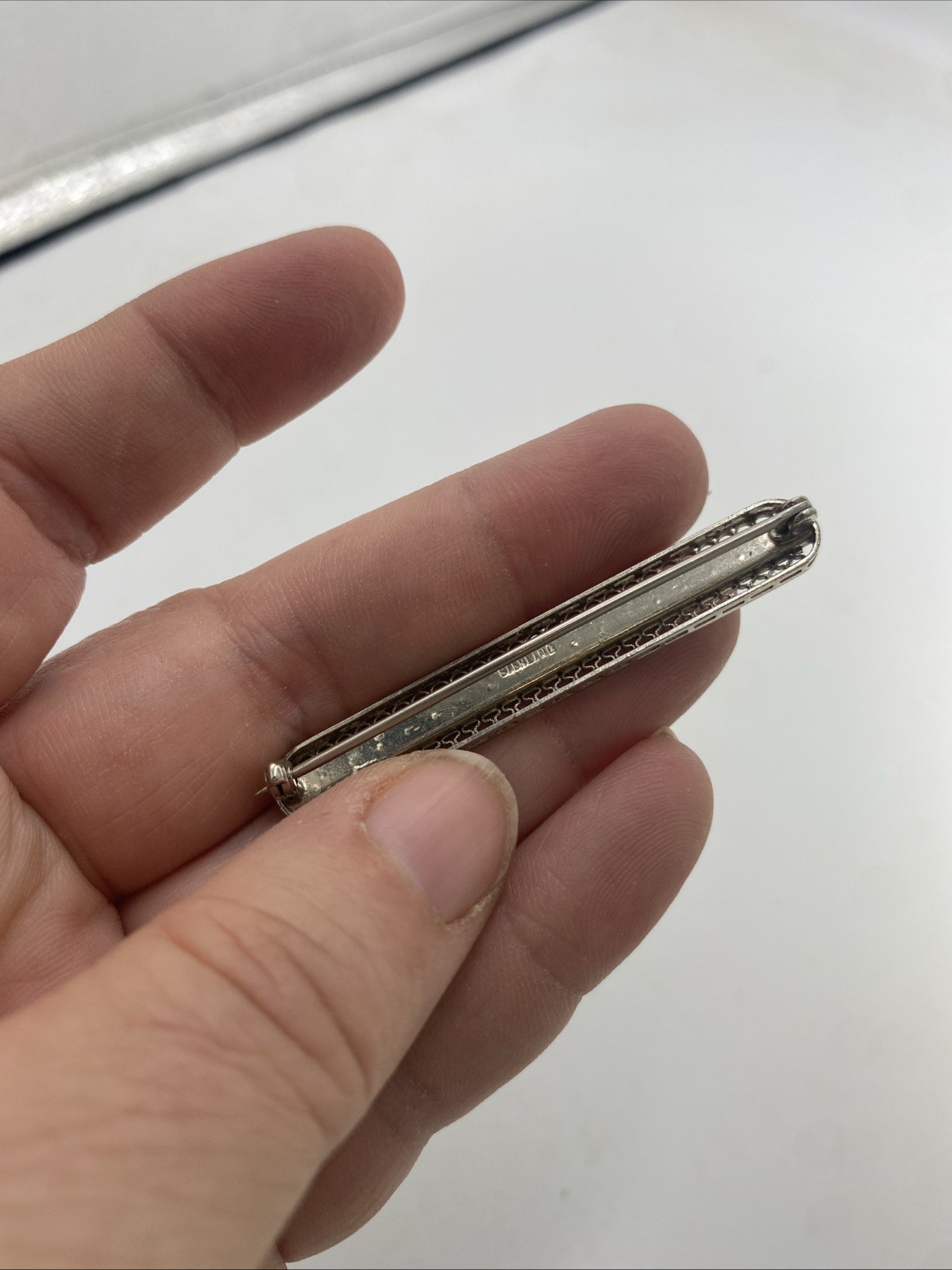 Antique Art Deco Sterling Silver With Rhinestones Bar Pin/Brooch