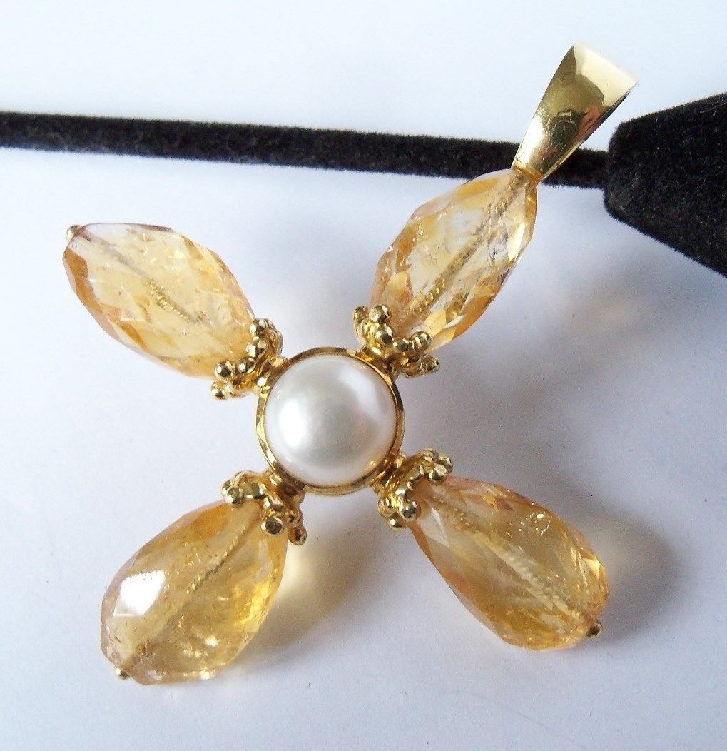 Vintage Mazza MAZ 18k Gold Citrine Pearl Cross Pendant Large Signed 21.4g