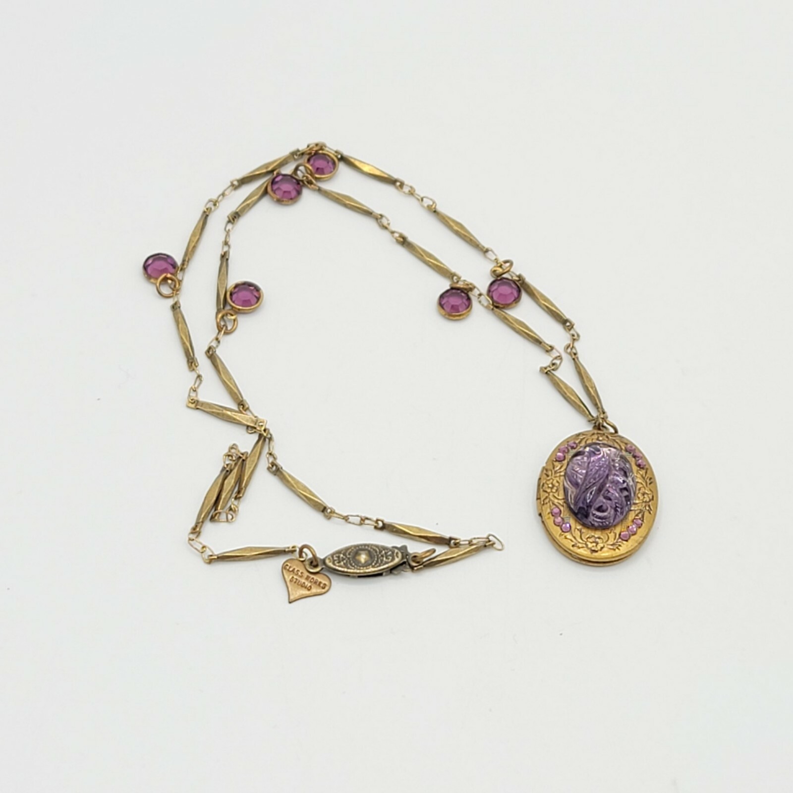 Vtg Glass Works Studio Necklace Locket Pendant Purple Glass Jewelry Beauty