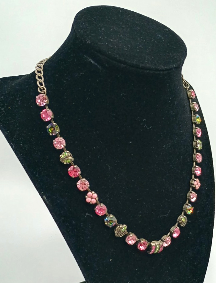Vintage Mariana Swarovski Crystal Necklace Pink Green Silver Tone Israel