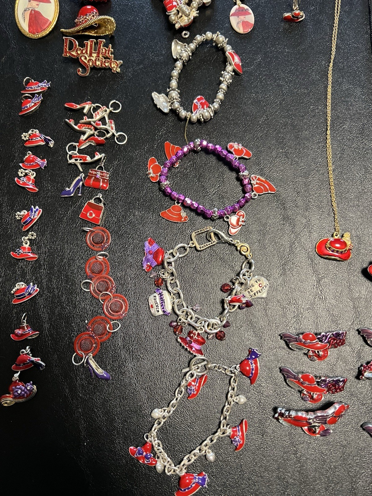 Red Hat Society Jewelry Lot Of 54 Brooches Bracelets Watch Necklaces Charms Box