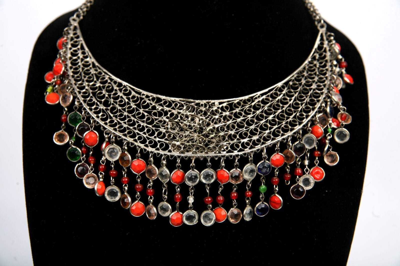 Vintage Bib Collar Choker Necklace Beaded Fringe Artisan Hand Made Mesh Filigree