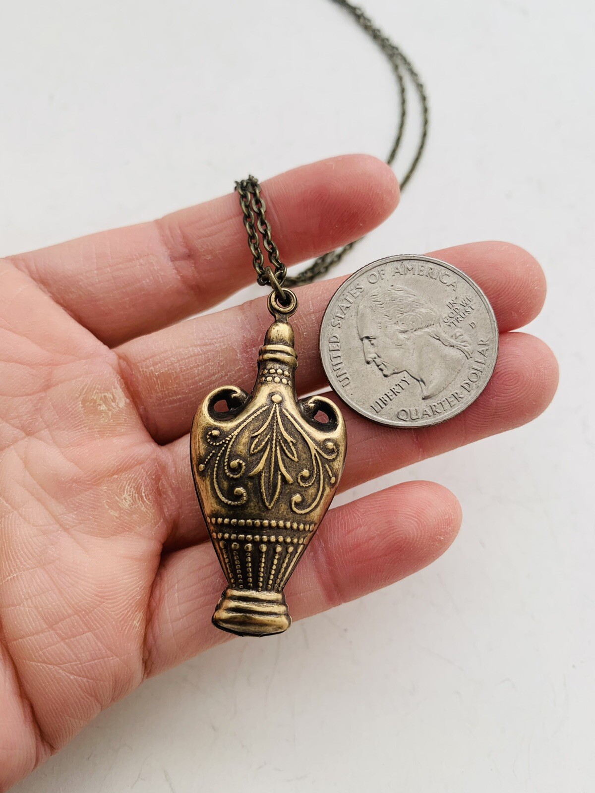 Vintage Style Bronze Tone Egyptian Revival Intricate Vase Pendant Necklace