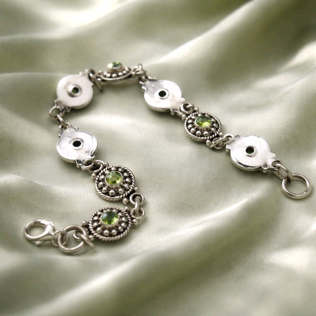 Peridot Bracelet Sterling Silver Bali Link Green Gemstone 925
