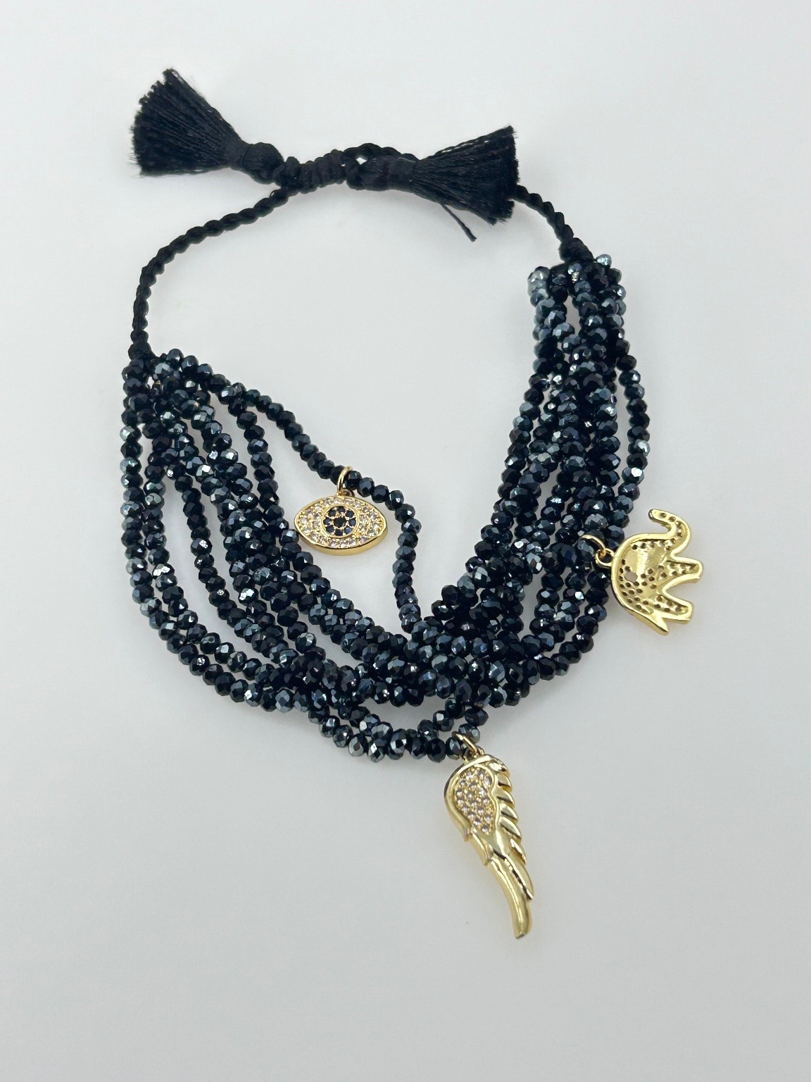 HSN JK NY Gold-Tone Protect Black Beaded Charm Adjustable Bracelet