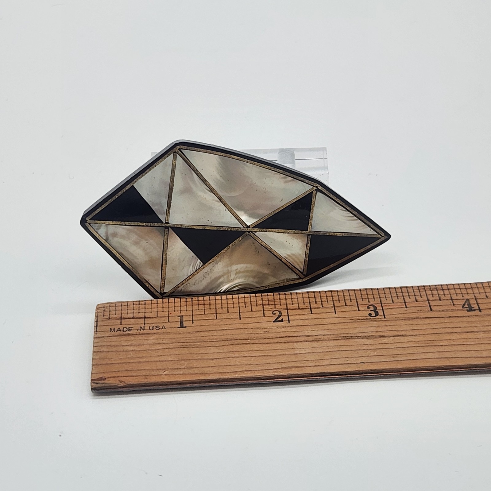 Vintage Faux Mother Of Pearl Faux Onyx Diamond Shaped Large Brooch