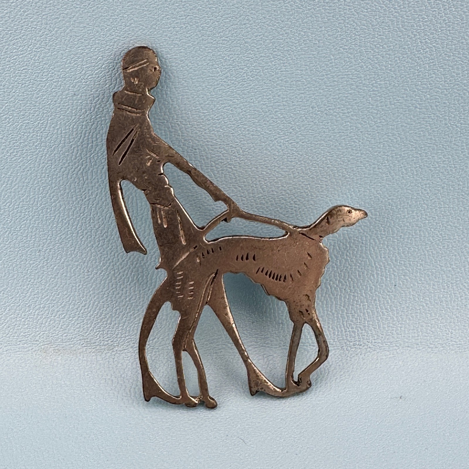 Vintage Brooch Vogue Magazine Art Deco Flapper Lady Walking Dog Silver Tone