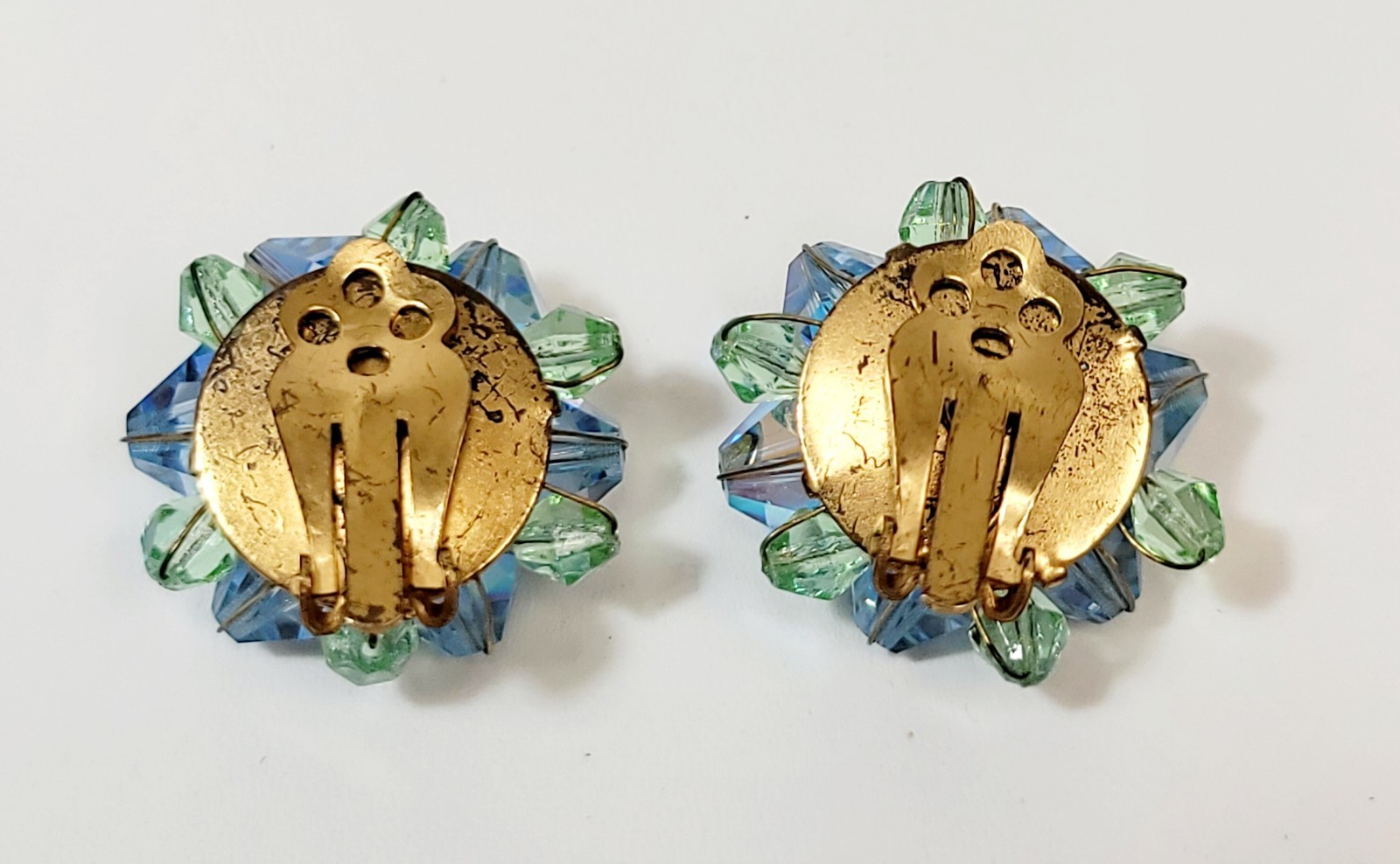Vintage Green Blue Crystal Bicone Bead Cluster Earrings