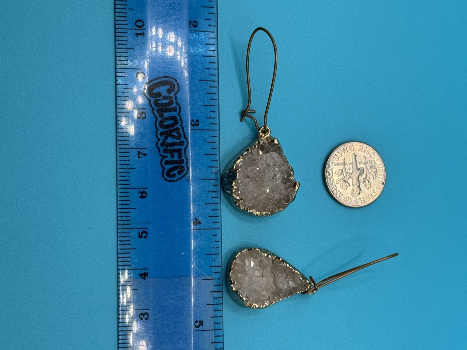 Vintage Crystal Quartz Druzy Style Gold Tone Dangle Earrings