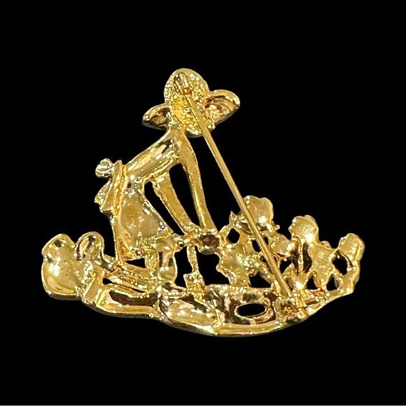 Vintage Brooch Gardening Silouette Gold Tone Rhinestones Costume Jewelry