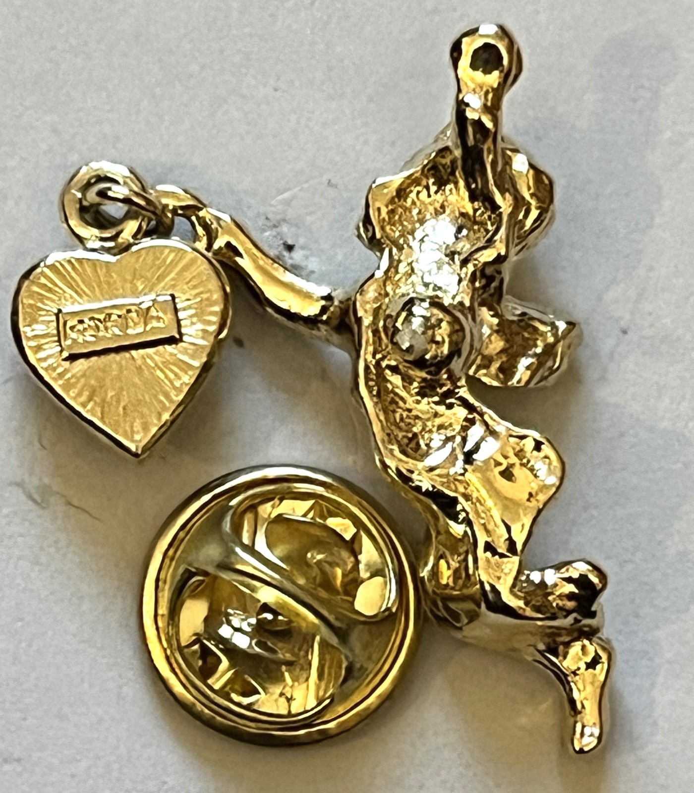 Vintage Shiny Gold-tone Guardian Angel Dangling Red Heart Brooch Pin.