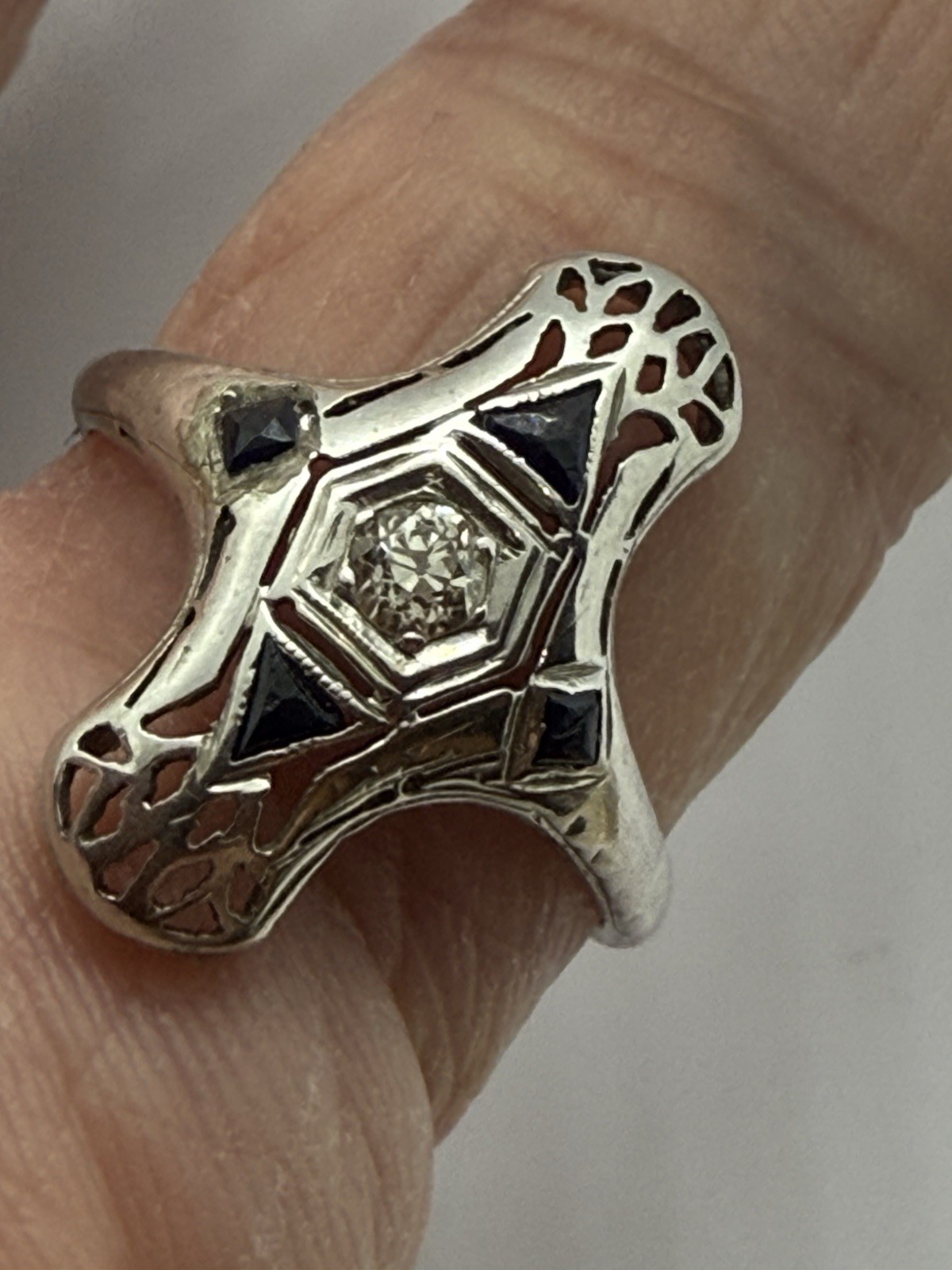 Art Deco Antique 18K White Gold Handmade Filigree Lozenge Diamond Ring 1920s 6.5