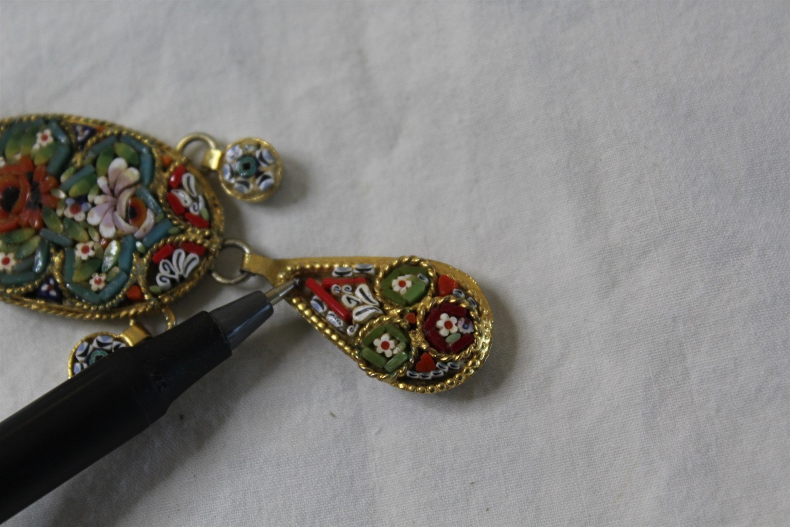 Pendant Necklace Stamped Italy Intricate Multi-Color Stone Shell Inlay Vintage