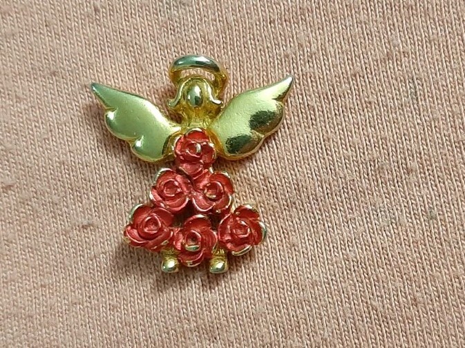 Cute Gold Tone Guardian Angel With Red Rose Dress Lapel Pin