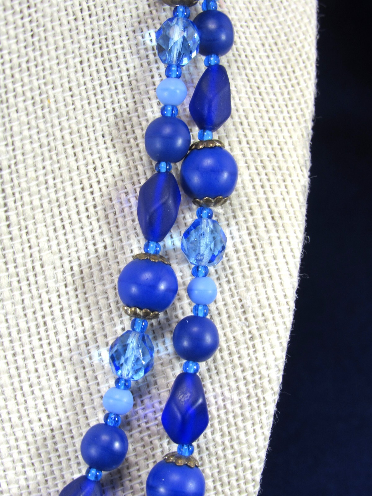 Vintage Blue and Purple 2 Strand Art Glass Bead Necklace with Sea Glass Finish.