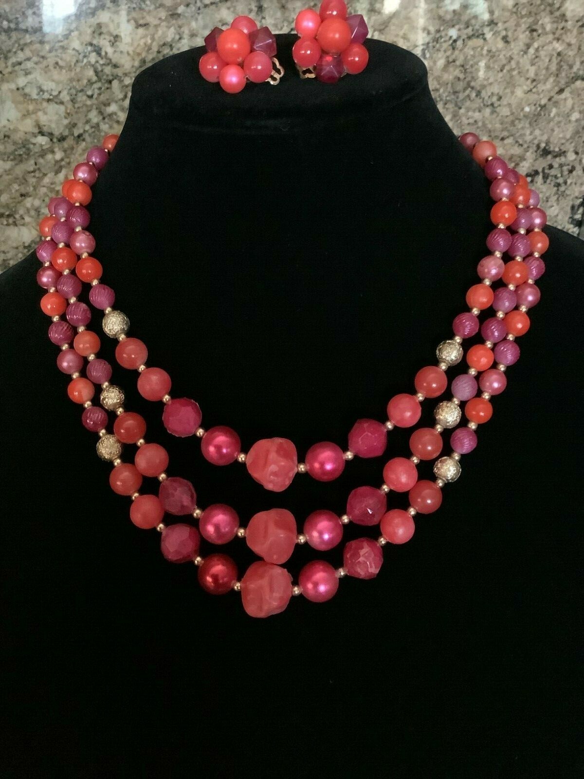 Triple Strand Vintage Pink Beads, Different shapes and tones