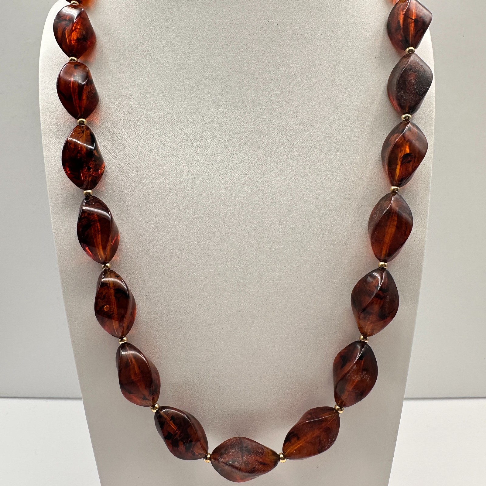 Vintage 90s Faux Amber Resin Chunky Necklace Brown Twisted Beaded Jewelry