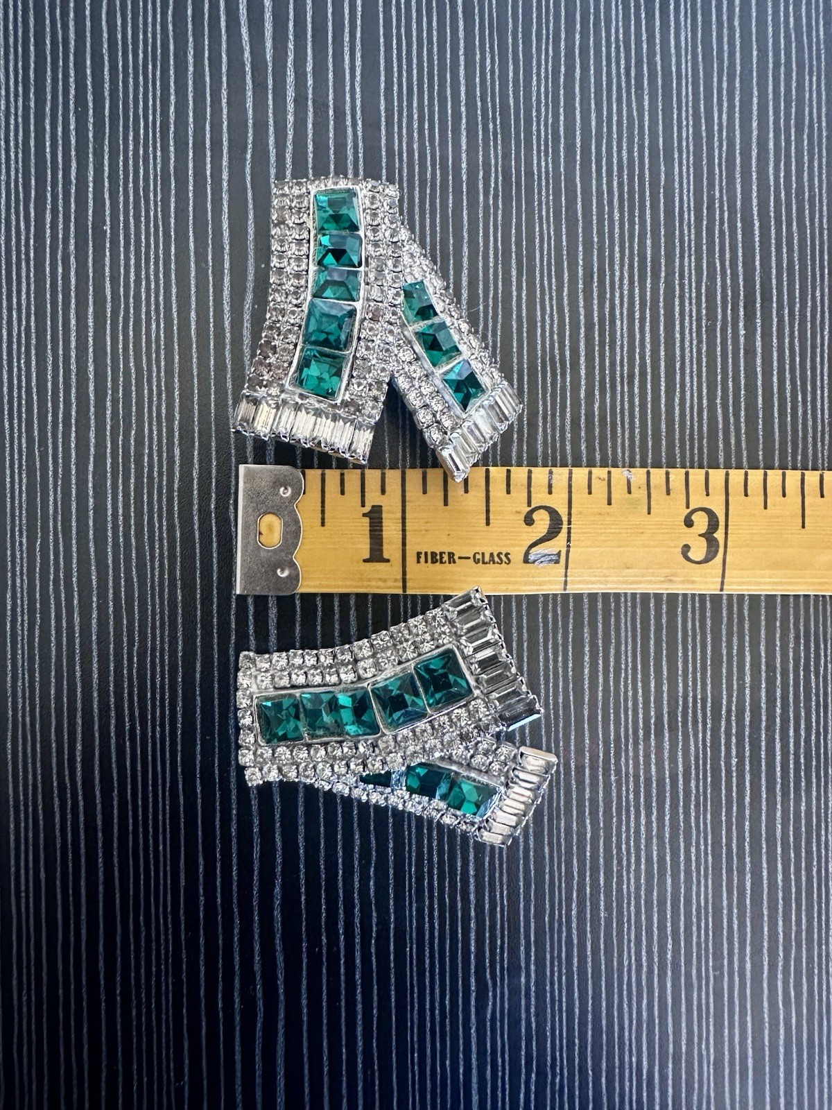 Vintage MMA Clip On Earrings W/ Ribbon-Fold Design + Emerald & Clear Rhinestones