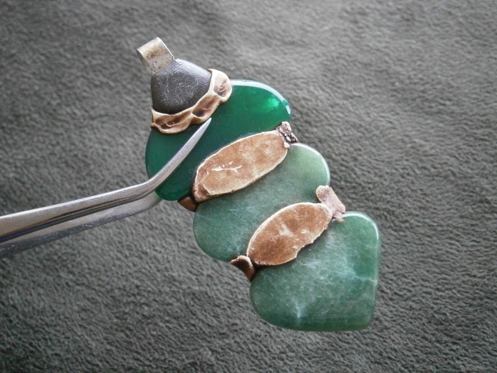 Large 3 Piece Nephrite Jade Vintage Silvertone Bail Pendant 16.0g