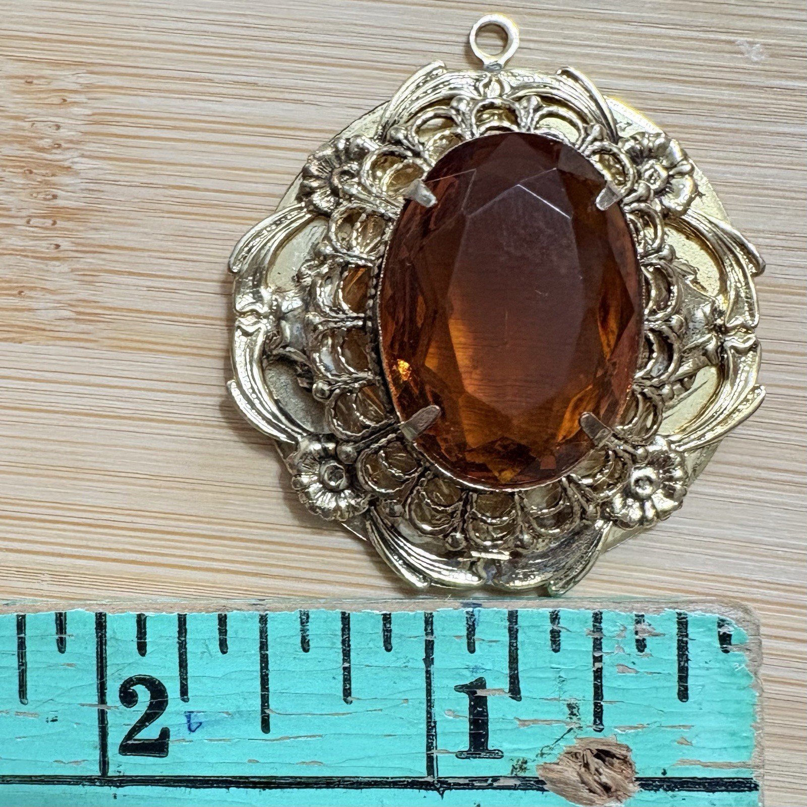Vintage Victorian Revival Filigree Pendant Honey Amber Glass Gold Tone Ornate