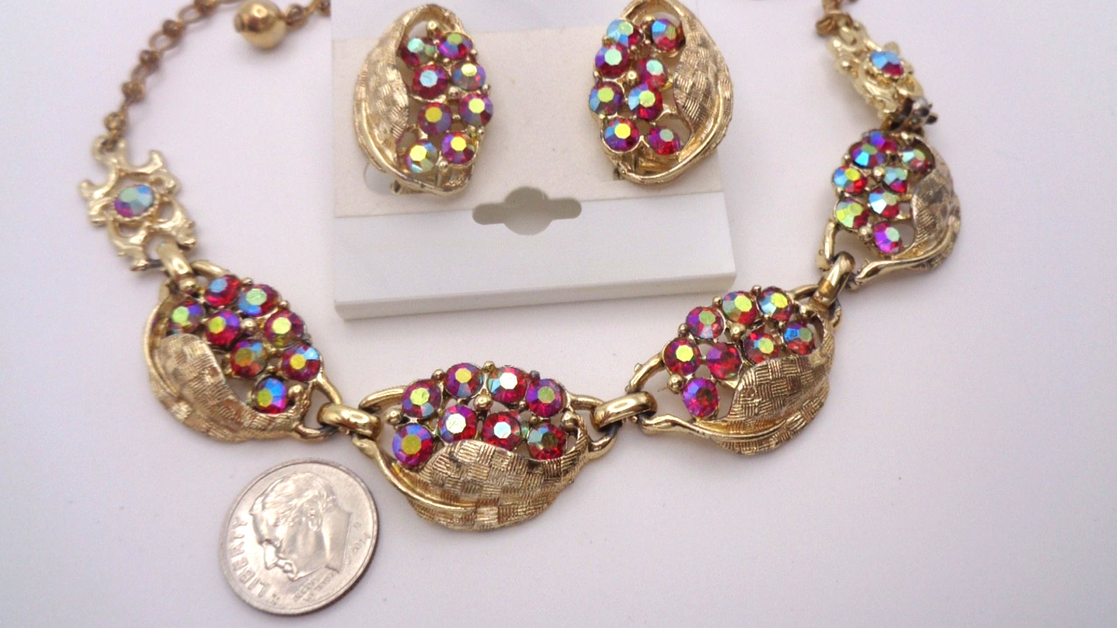 Vintage Textured Gold Tone Leaf Red AB Rhinestone Necklace & Clip Earring Set
