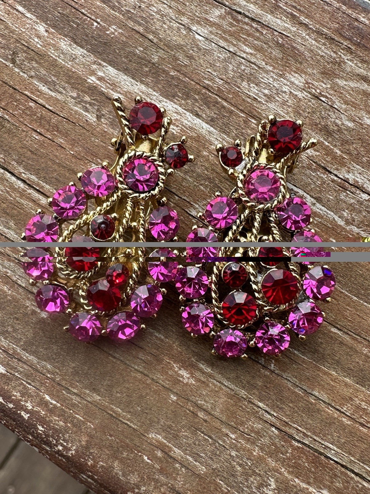 Vtg Estate Fuchsia Pink & Red Rhinestone Clip On Earrings