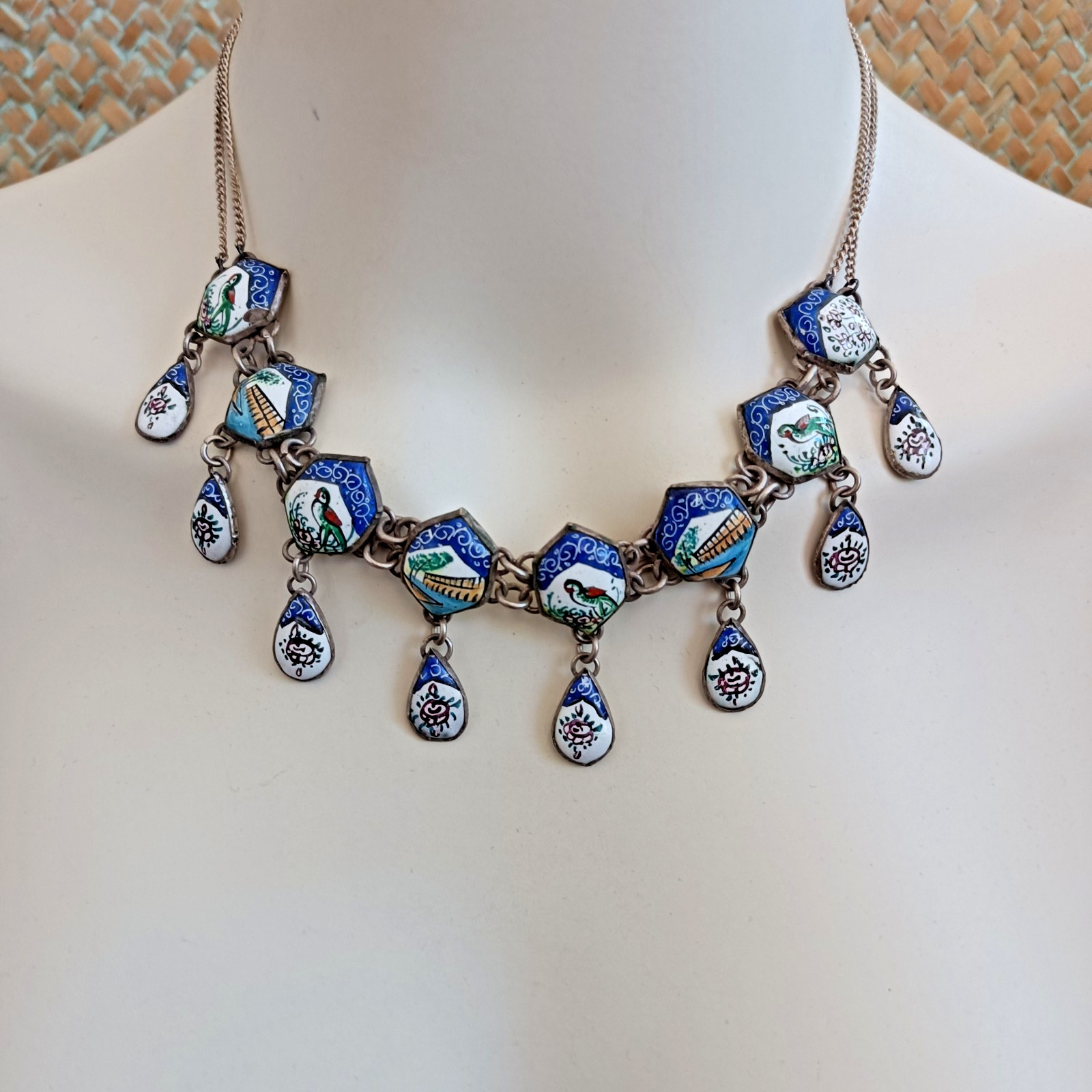 Boho Folk Art Middle Eastern Enamel Chandelier Necklace Blue Birds Landscape VTG