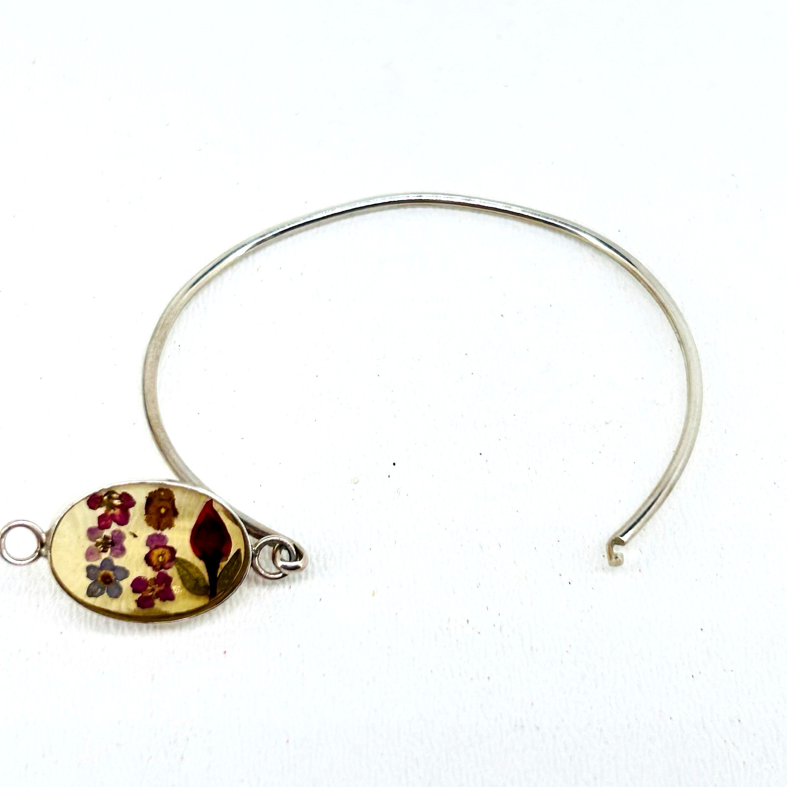 ATI Mexico 925 Sterling Artisan Oval Central Resin Dry Floral Charm Bracelet 6″