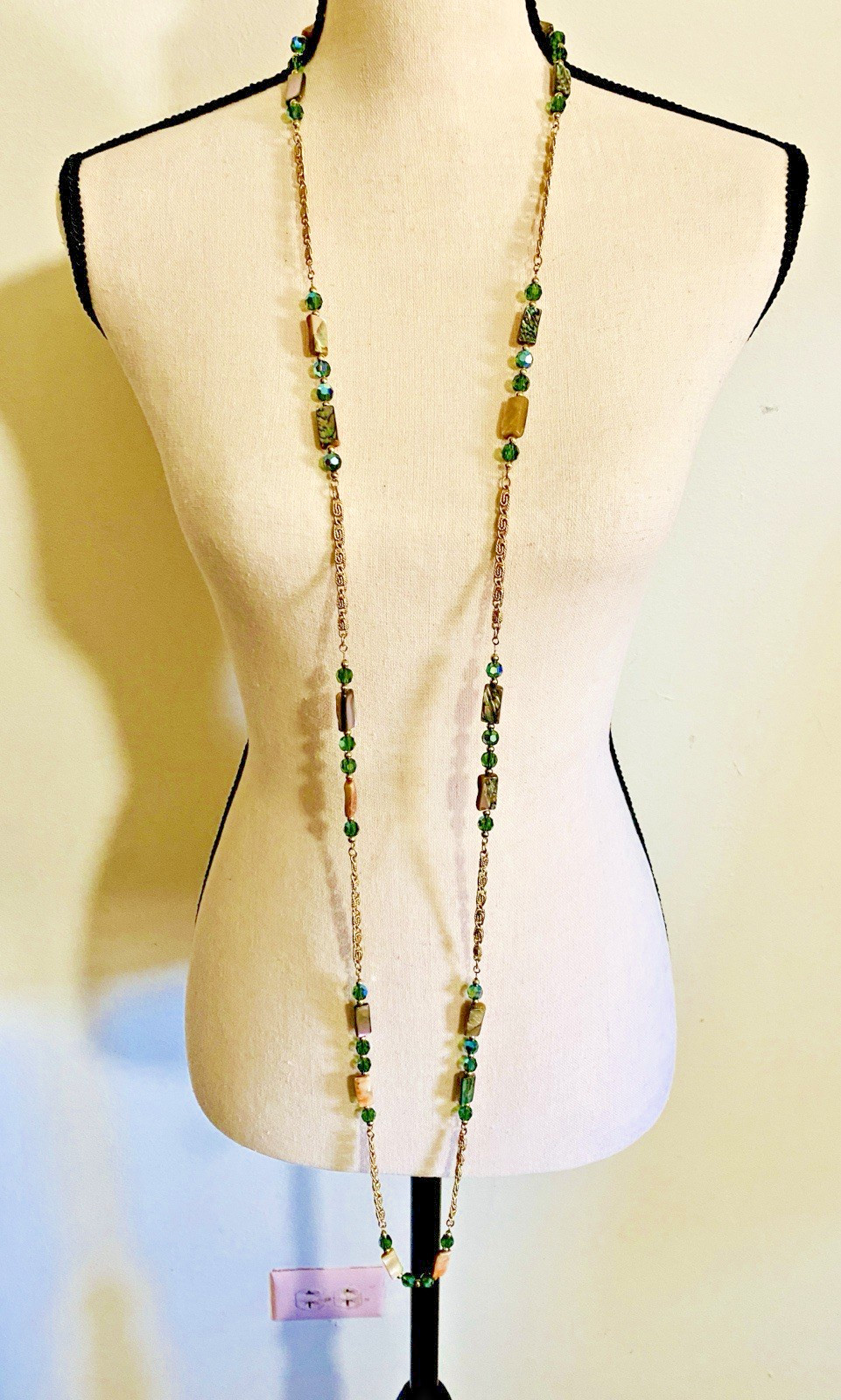 Vintage 80s NAPIER Necklace Abalone Mother Of Pearl & Green Crystals Boho Chic