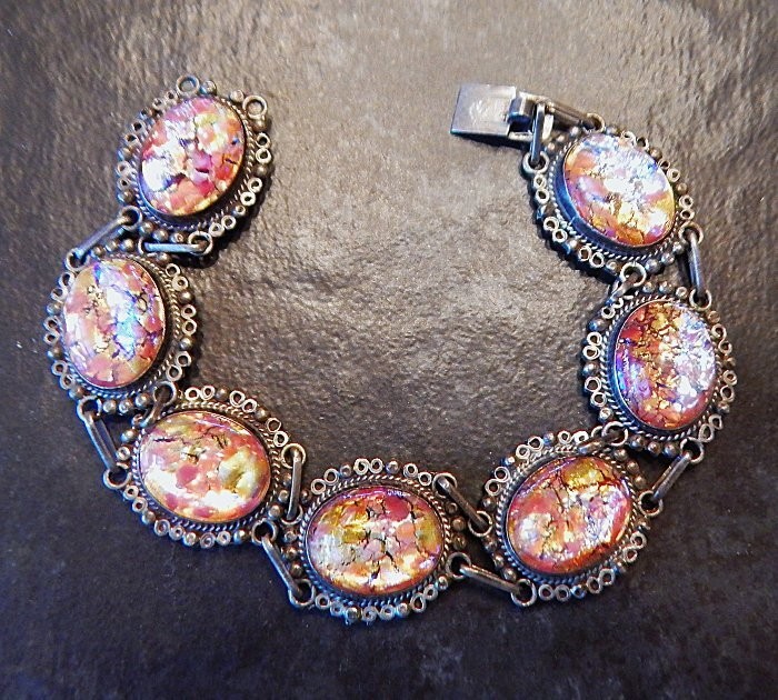 Vintage JOY MEX 925 Sterling Silver Dragons Breath Cabochon Link Bracelet K2