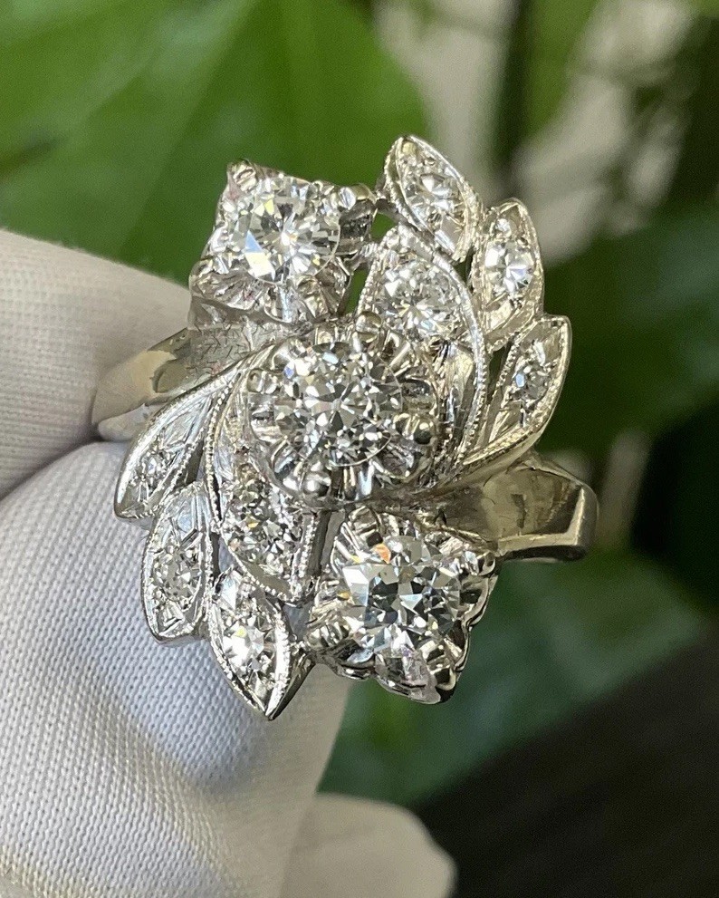 ANTIQUE RETRO NATURAL OLD EUROPEAN CUT DIAMOND COCKTAIL RING 14K WHITE GOLD