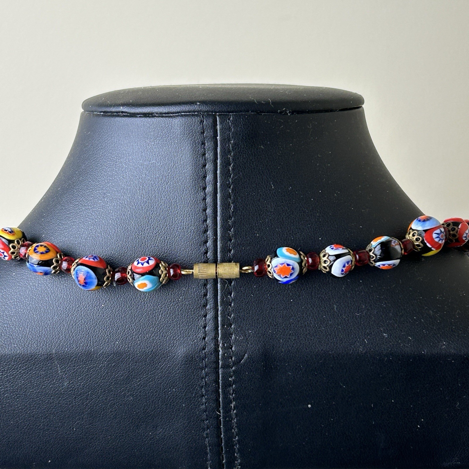 Millefiori Murano Venetian Glass Bead Necklace Italy Barrel 9 mm 17.5″ Long VTG